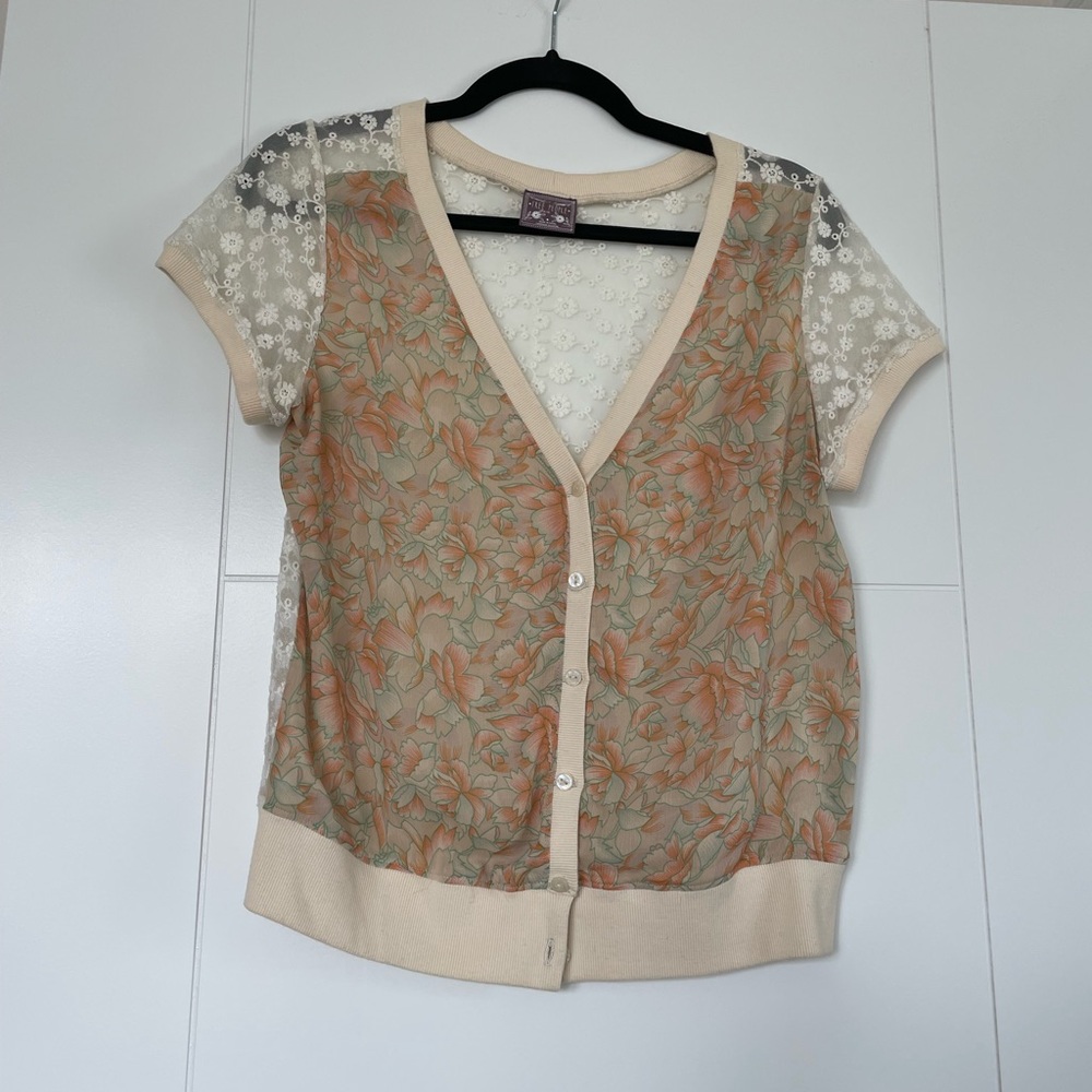 Free People Short Sleeve Floral Cardigan with Lace Back